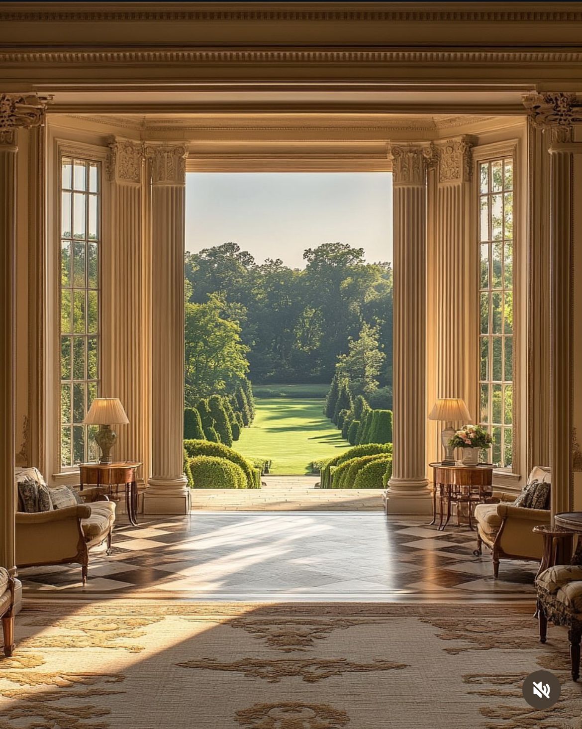 A grand estate interior opening onto a manicured garden